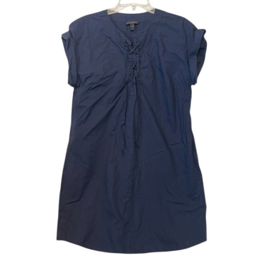J‎ Crew Shirt Dress Large Blue Pullover Short Sleeve Tie Front
